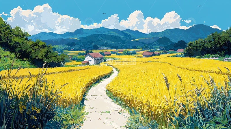 高清大图下载【趣麦麦图】金色稻田与乡村小路