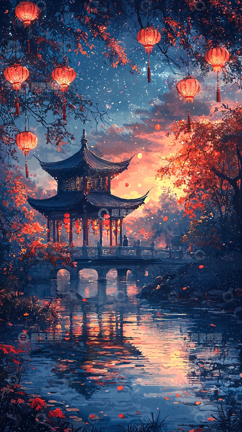 高清大图下载【趣麦麦图】星空下的中式亭台