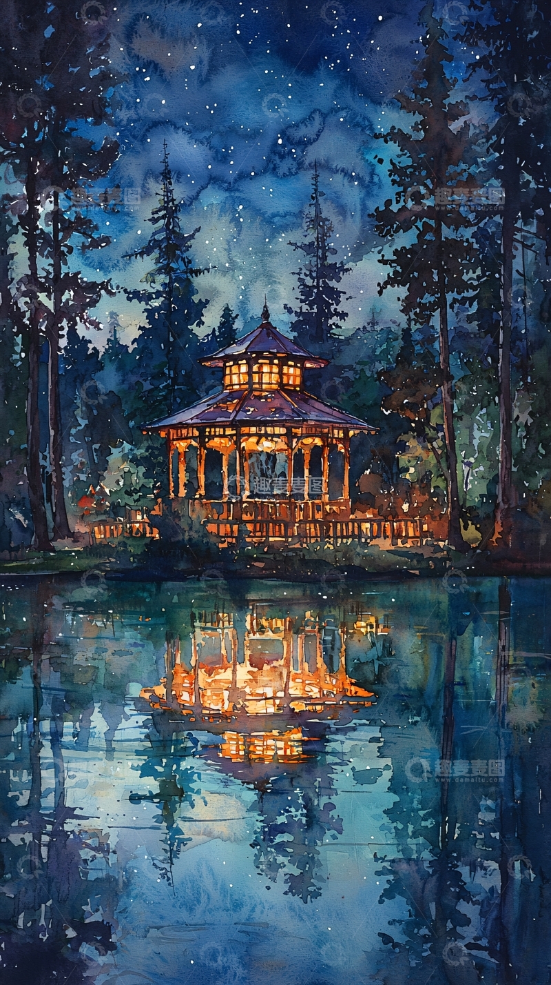 高清大图下载【趣麦麦图】星空下的湖畔凉亭