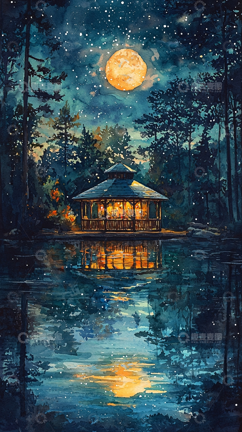 高清大图下载【趣麦麦图】月夜湖畔小屋