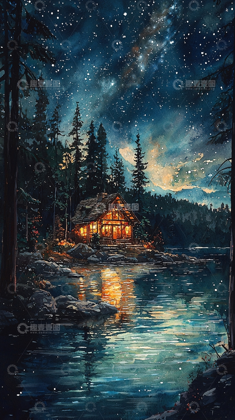 高清大图下载【趣麦麦图】湖边小屋星空夜景