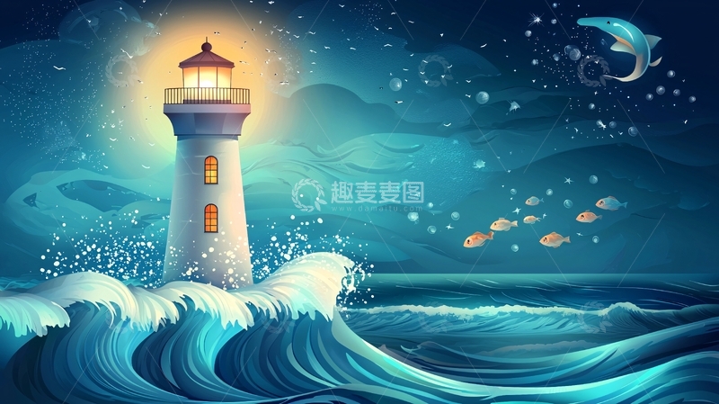 高清大图下载【趣麦麦图】夜色海浪灯塔梦幻图