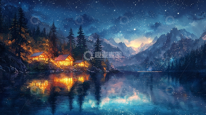 高清大图下载【趣麦麦图】宁静湖面小屋星空夜景