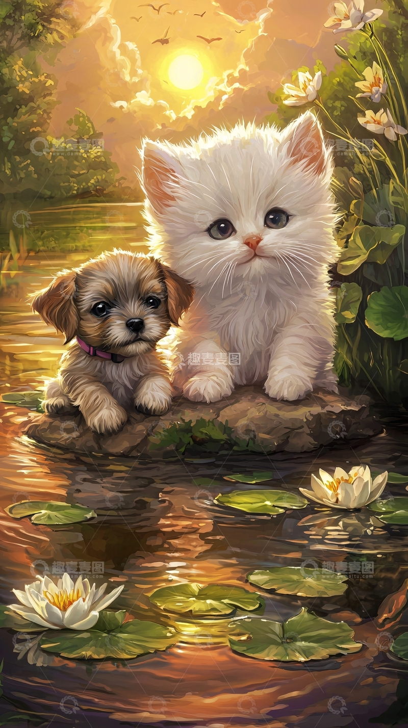 高清大图下载【趣麦麦图】小猫小狗日落湖边