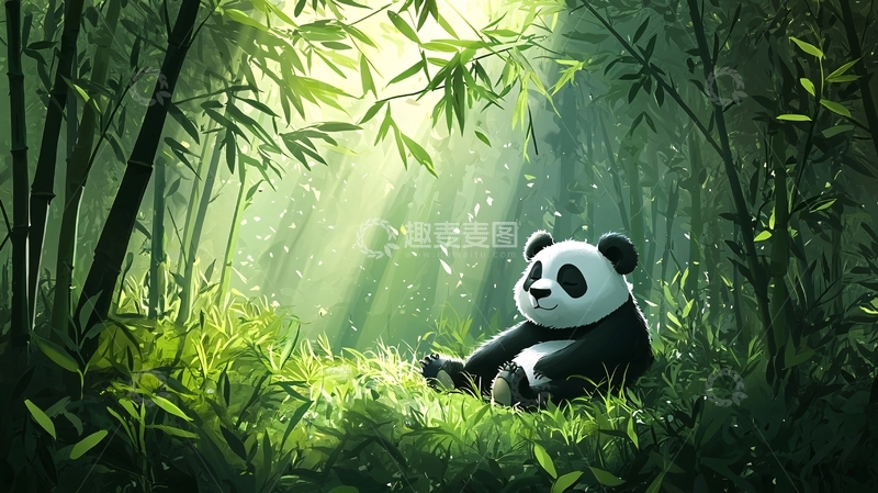 高清大图下载【趣麦麦图】阳光下的熊猫竹林