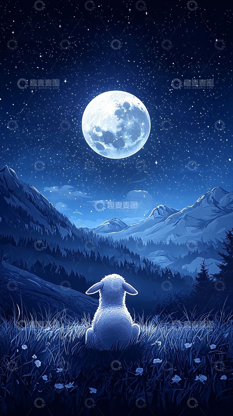 高清大图下载【趣麦麦图】小羊仰望星空下的满月