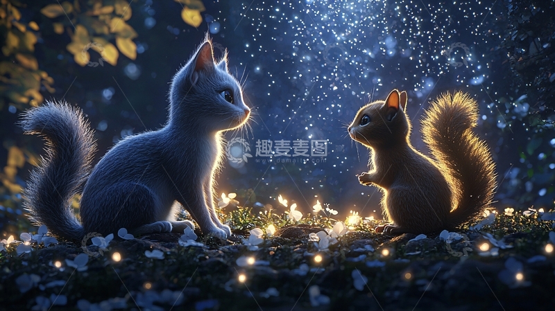 高清大图下载【趣麦麦图】梦幻森林猫咪松鼠