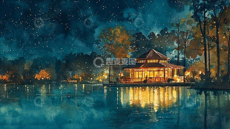 高清大图下载【趣麦麦图】湖边星空下的木屋
