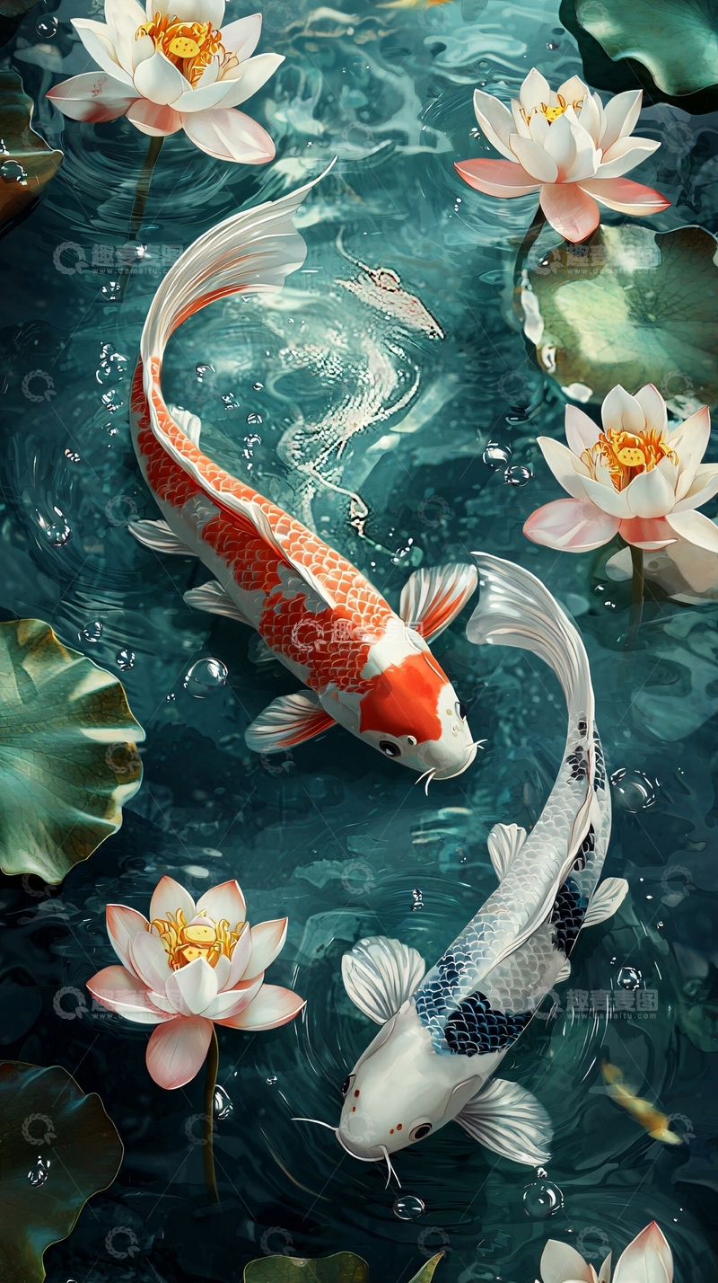 高清大图下载【趣麦麦图】鲤鱼莲花高清壁纸