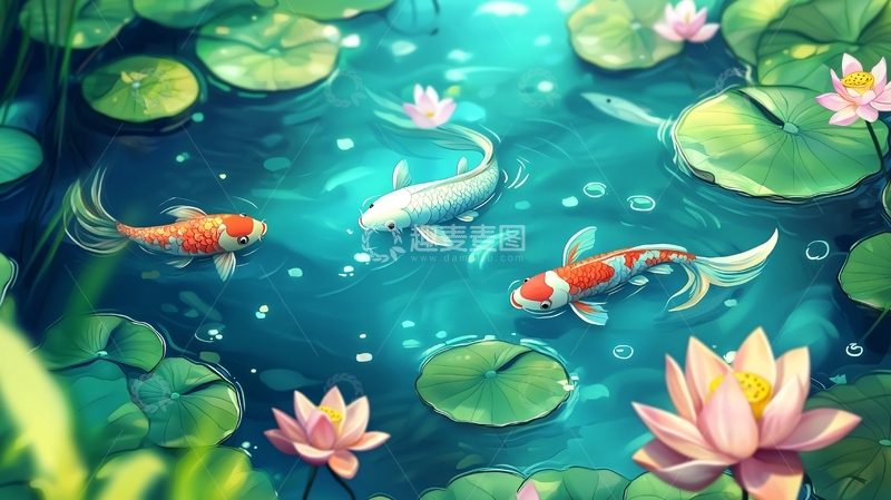 高清大图下载【趣麦麦图】荷花池塘里游动的锦鲤