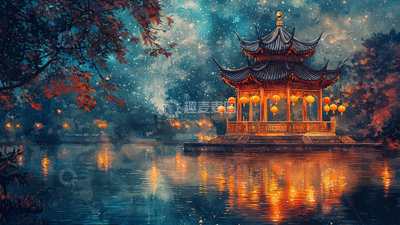 高清大图下载【趣麦麦图】古风亭台楼阁在水边夜景
