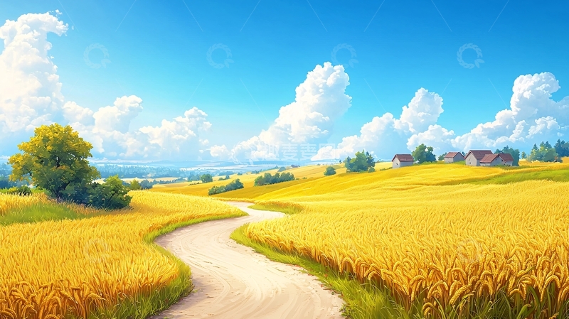 高清大图下载【趣麦麦图】金黄麦田的乡间小路