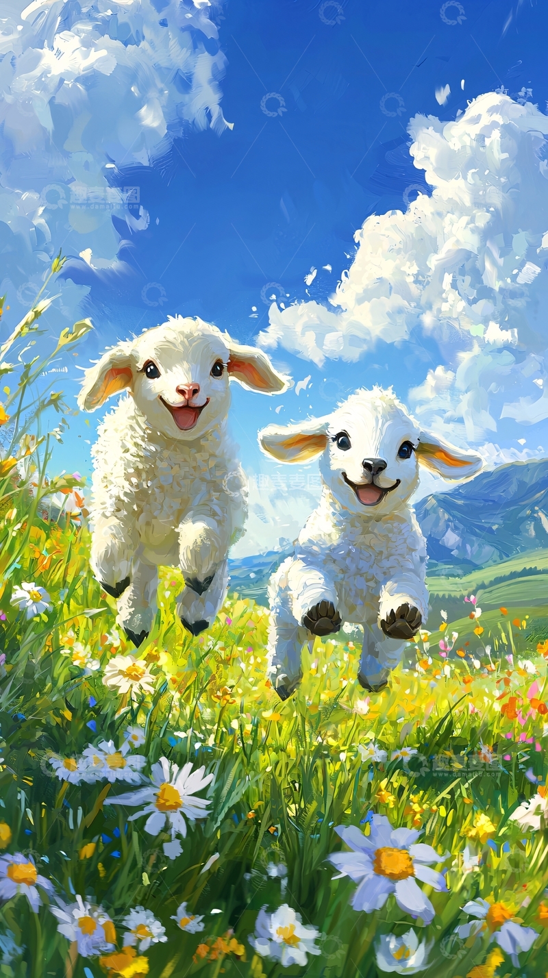 高清大图下载【趣麦麦图】快乐小羊跳跃田野