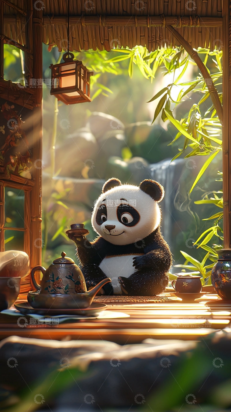 高清大图下载【趣麦麦图】卡通熊猫喝茶
