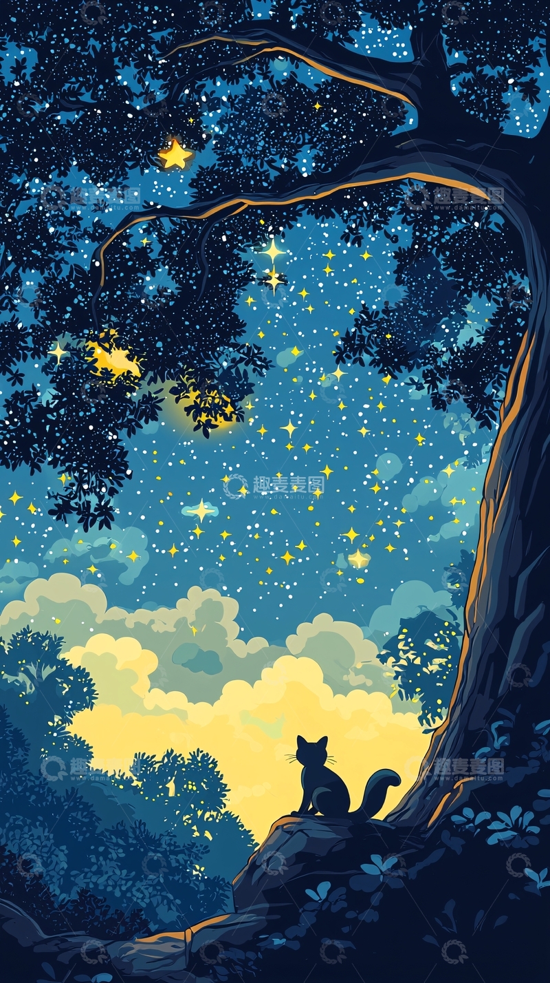高清大图下载【趣麦麦图】星空下猫咪