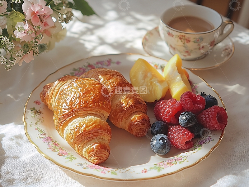 高清大图下载【趣麦麦图】精致的餐盘摆放着可颂