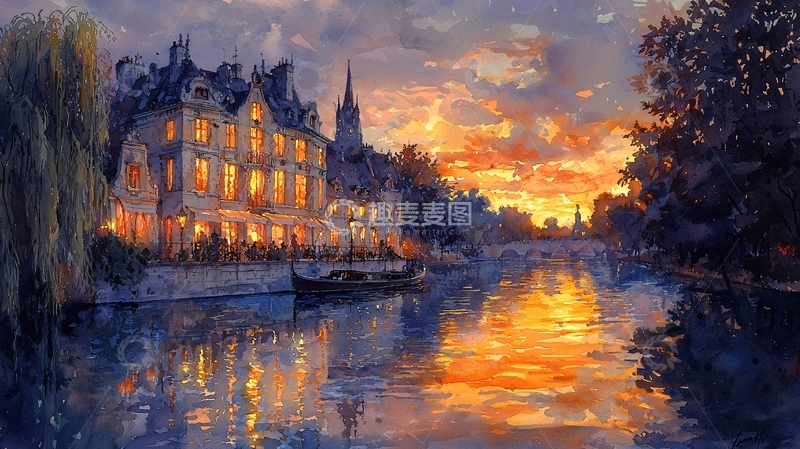 高清大图下载【趣麦麦图】日落时分塞纳河畔建筑