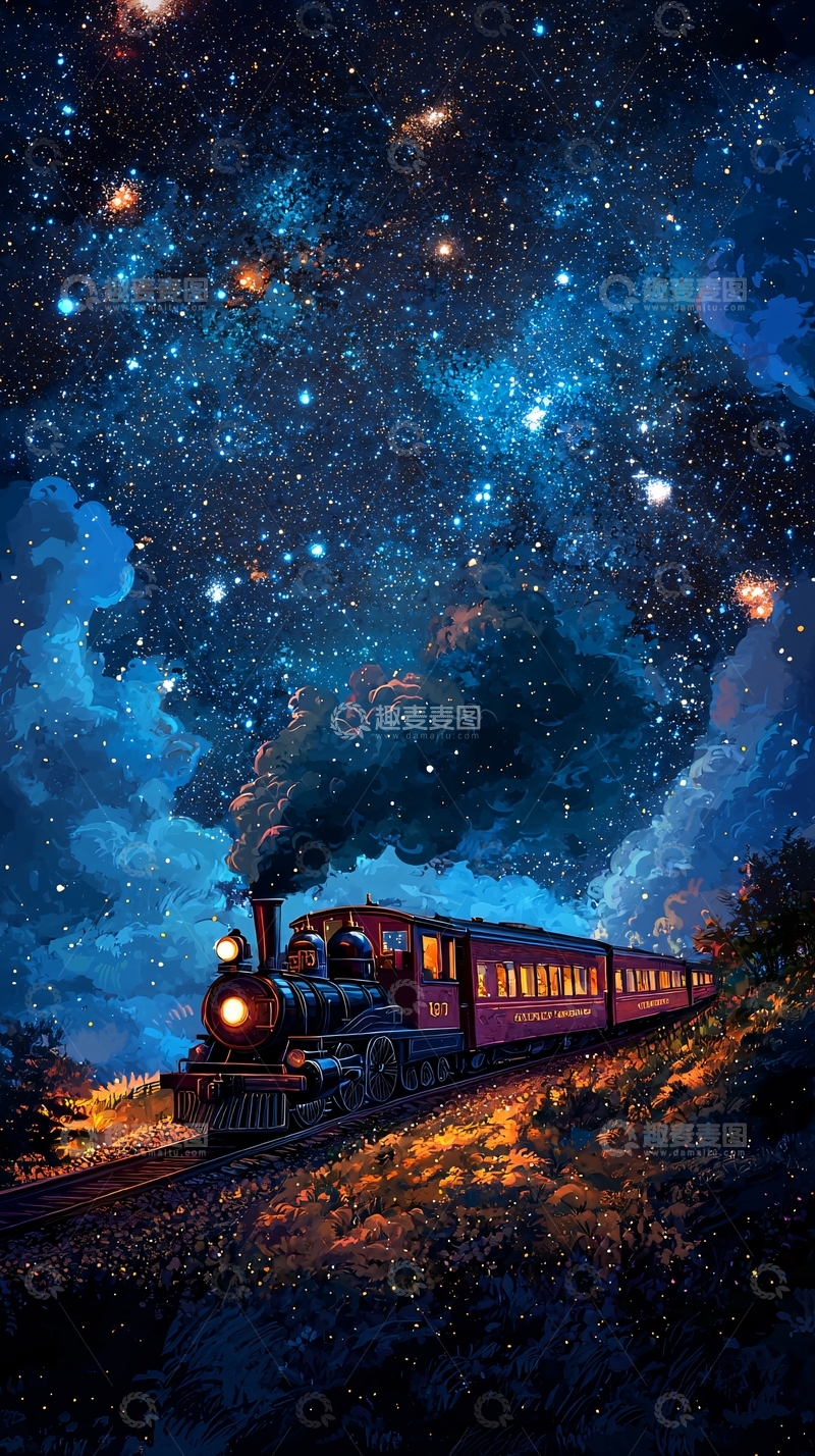 高清大图下载【趣麦麦图】星空下的蒸汽火车