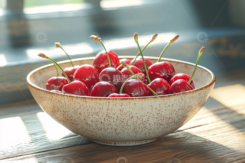 高清大图下载【趣麦麦图】阳光下木桌上的一碗红樱桃