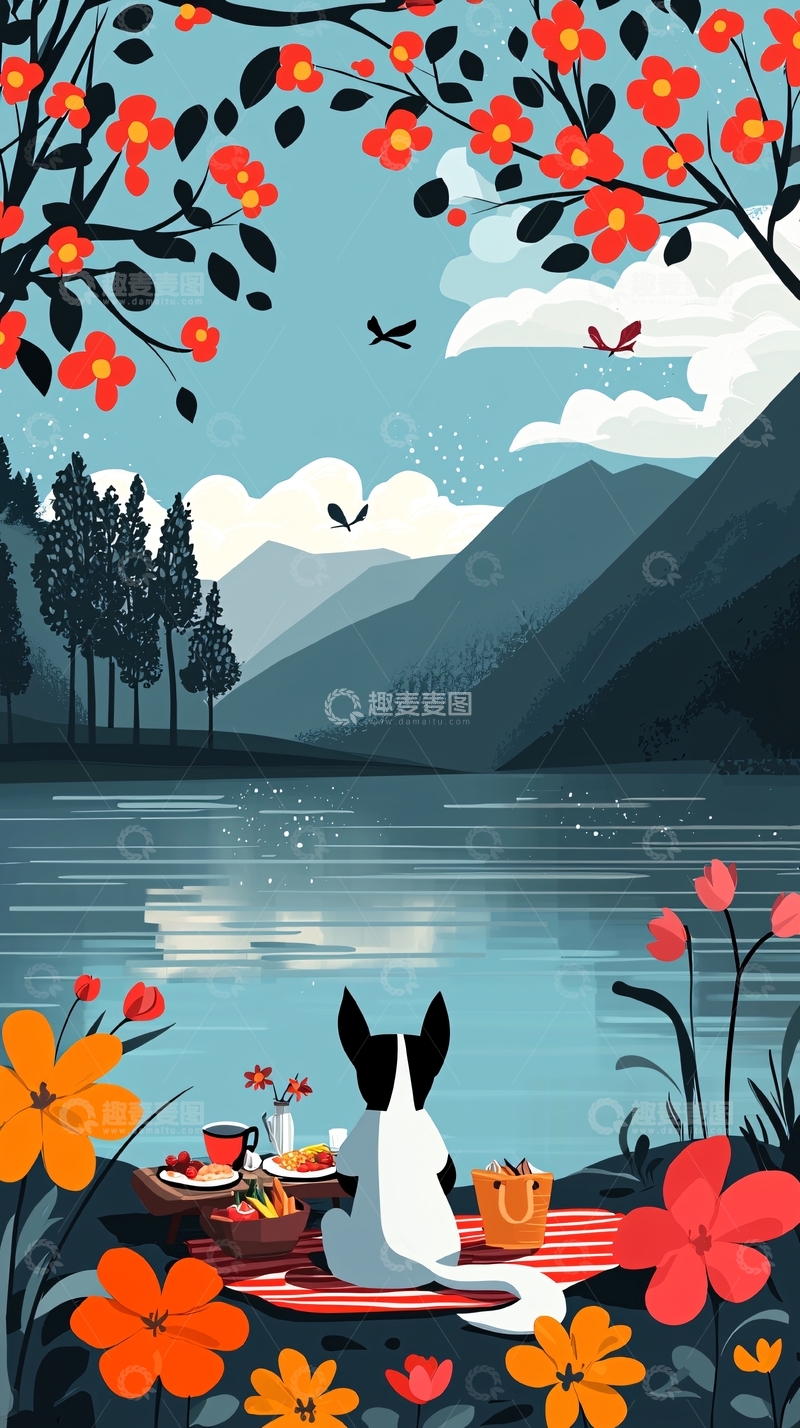 高清大图下载【趣麦麦图】小狗湖边赏花风景