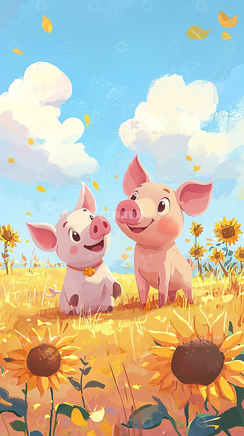高清大图下载【趣麦麦图】向日葵田里两只可爱的小猪