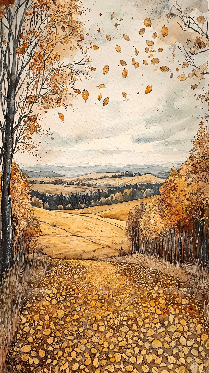 高清大图下载【趣麦麦图】秋日田园小路落叶