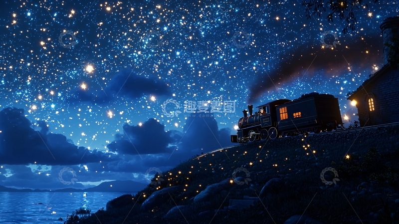 高清大图下载【趣麦麦图】星空下的火车