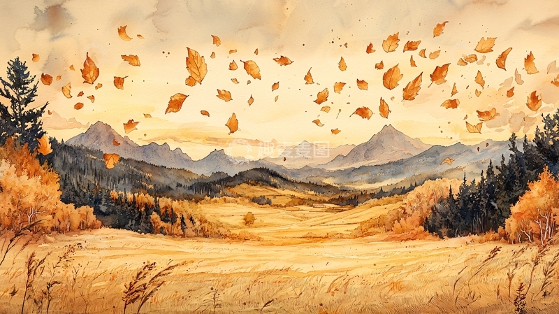 高清大图下载【趣麦麦图】秋叶飘落山谷景色