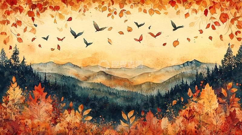 高清大图下载【趣麦麦图】秋叶纷飞的山峦景色