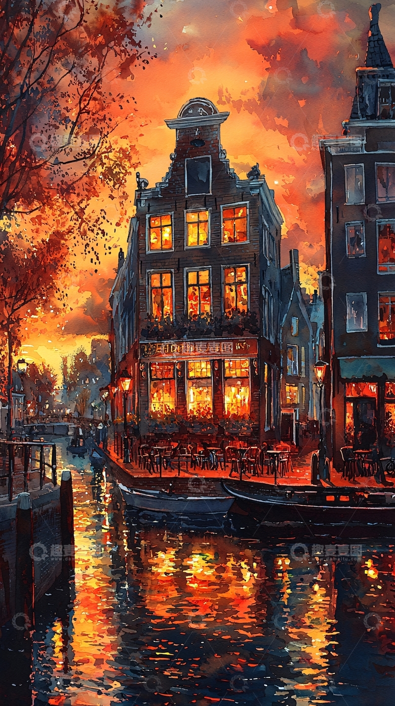 高清大图下载【趣麦麦图】阿姆斯特丹运河夜景