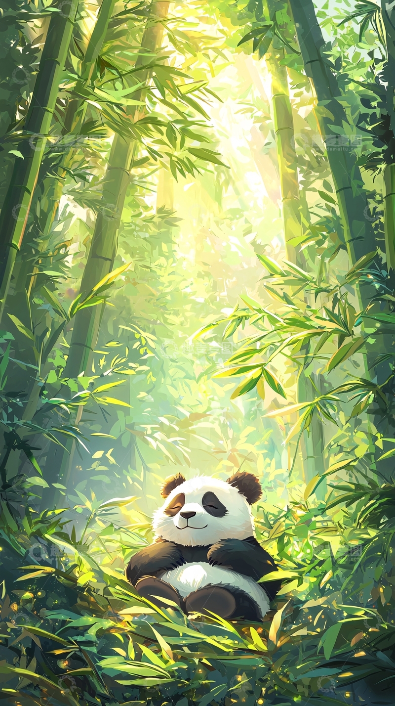 高清大图下载【趣麦麦图】光线透过竹林照耀熊猫