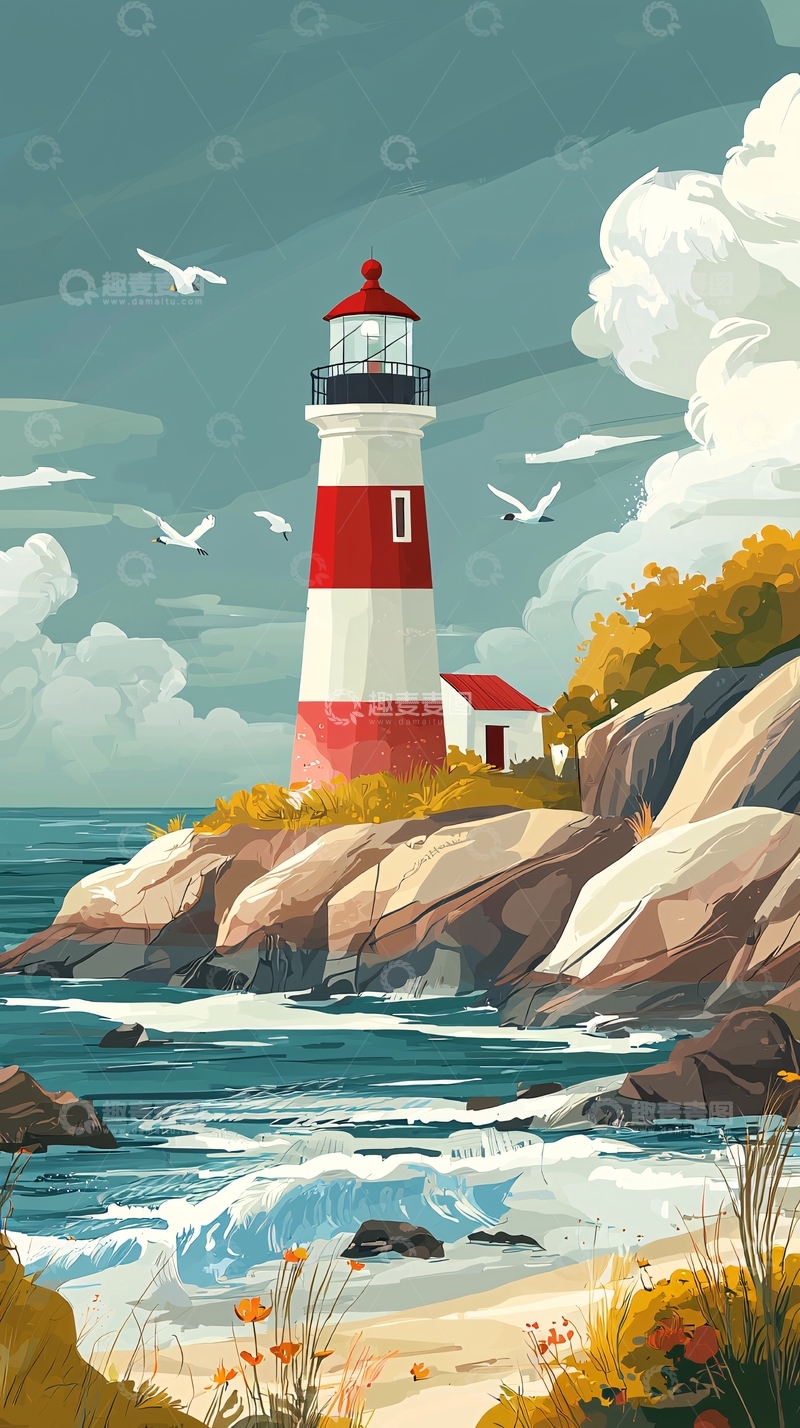 高清大图下载【趣麦麦图】红白相间灯塔海边风景