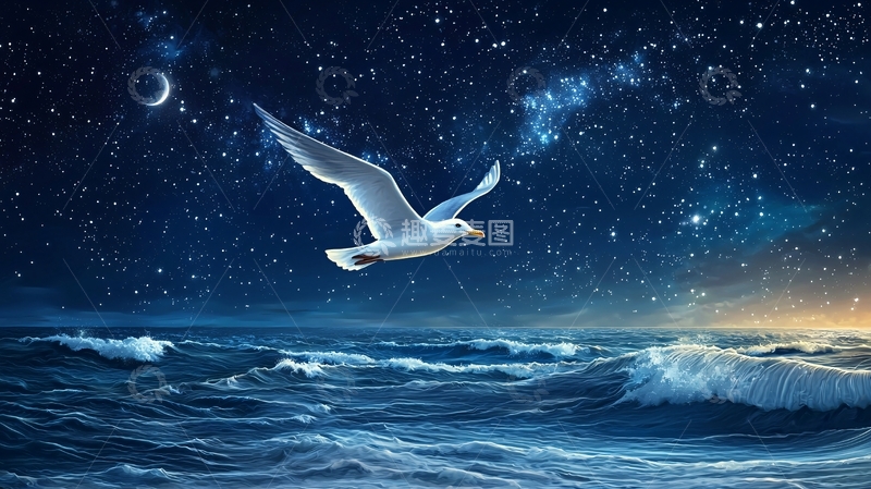 高清大图下载【趣麦麦图】夜空飞翔的海鸥