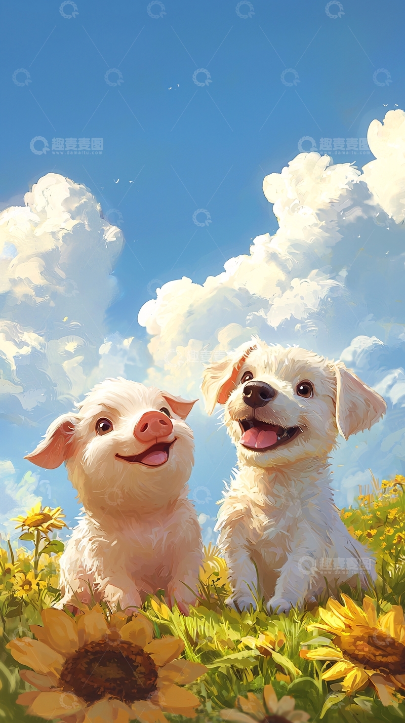 高清大图下载【趣麦麦图】小猪和小狗的阳光田园风插画