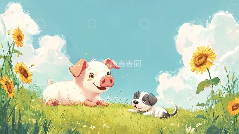 高清大图下载【趣麦麦图】小猪和小狗在向日葵田里