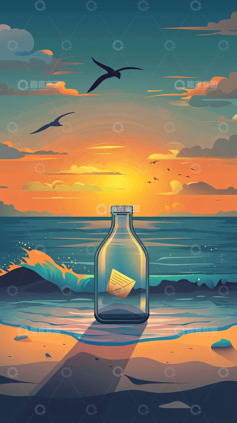 高清大图下载【趣麦麦图】海边落日瓶中信