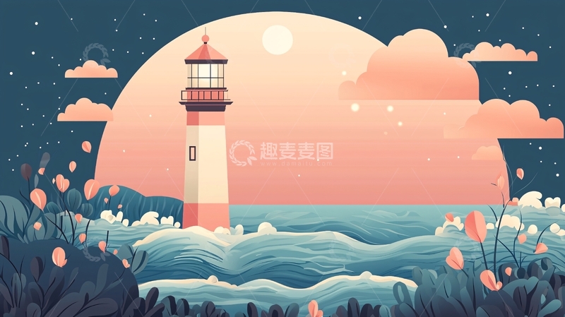 高清大图下载【趣麦麦图】海边灯塔日落风景插画