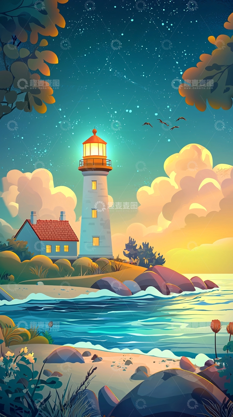 高清大图下载【趣麦麦图】夜晚海边灯塔风景