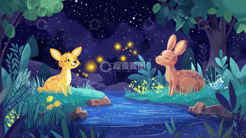 高清大图下载【趣麦麦图】夜空下的小鹿与兔子