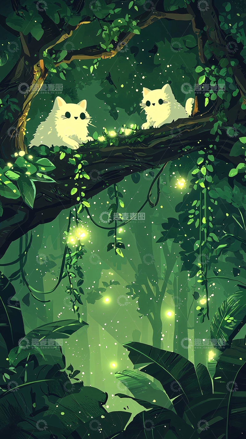 高清大图下载【趣麦麦图】森林里两只小白猫