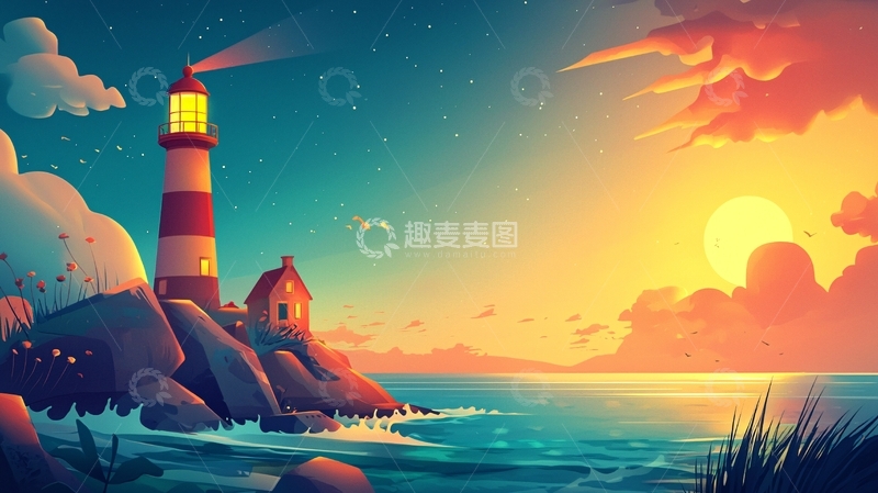 高清大图下载【趣麦麦图】日落海景灯塔风景画