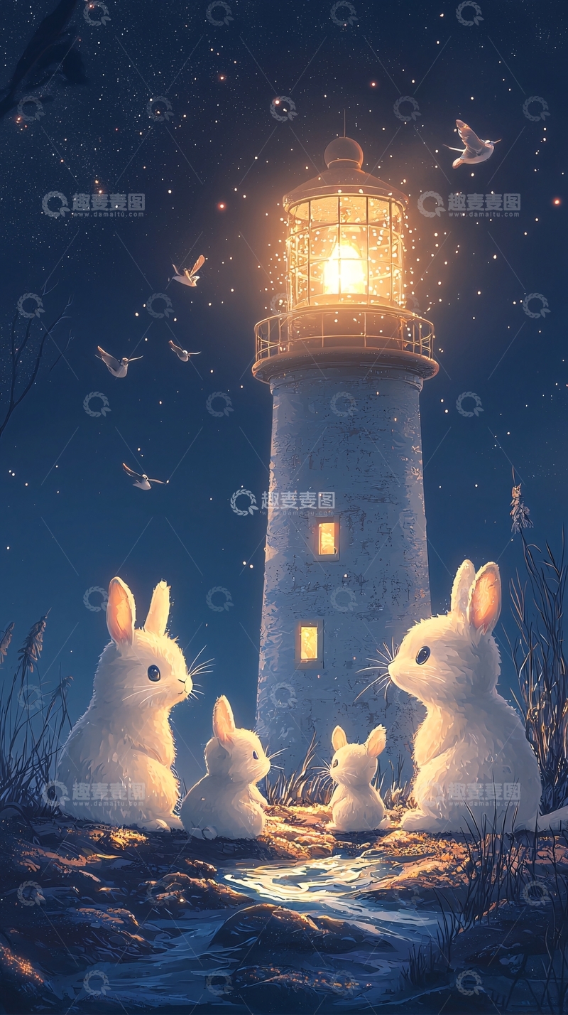 高清大图下载【趣麦麦图】夜晚灯塔兔子家庭