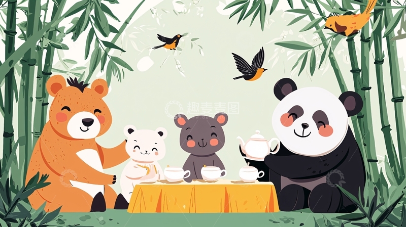 高清大图下载【趣麦麦图】卡通动物喝茶