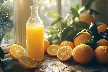 阳光下的橙汁和橙子