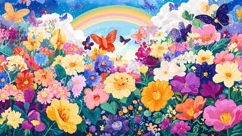 高清大图下载【趣麦麦图】彩虹花田蝴蝶飞舞