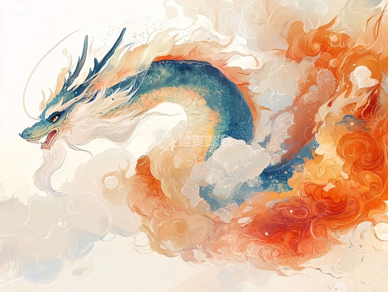高清大图下载【趣麦麦图】水彩龙在云中翱翔