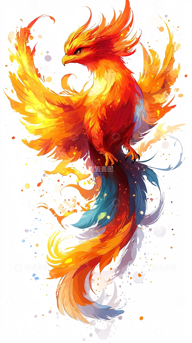 高清大图下载【趣麦麦图】燃烧的凤凰水彩插画