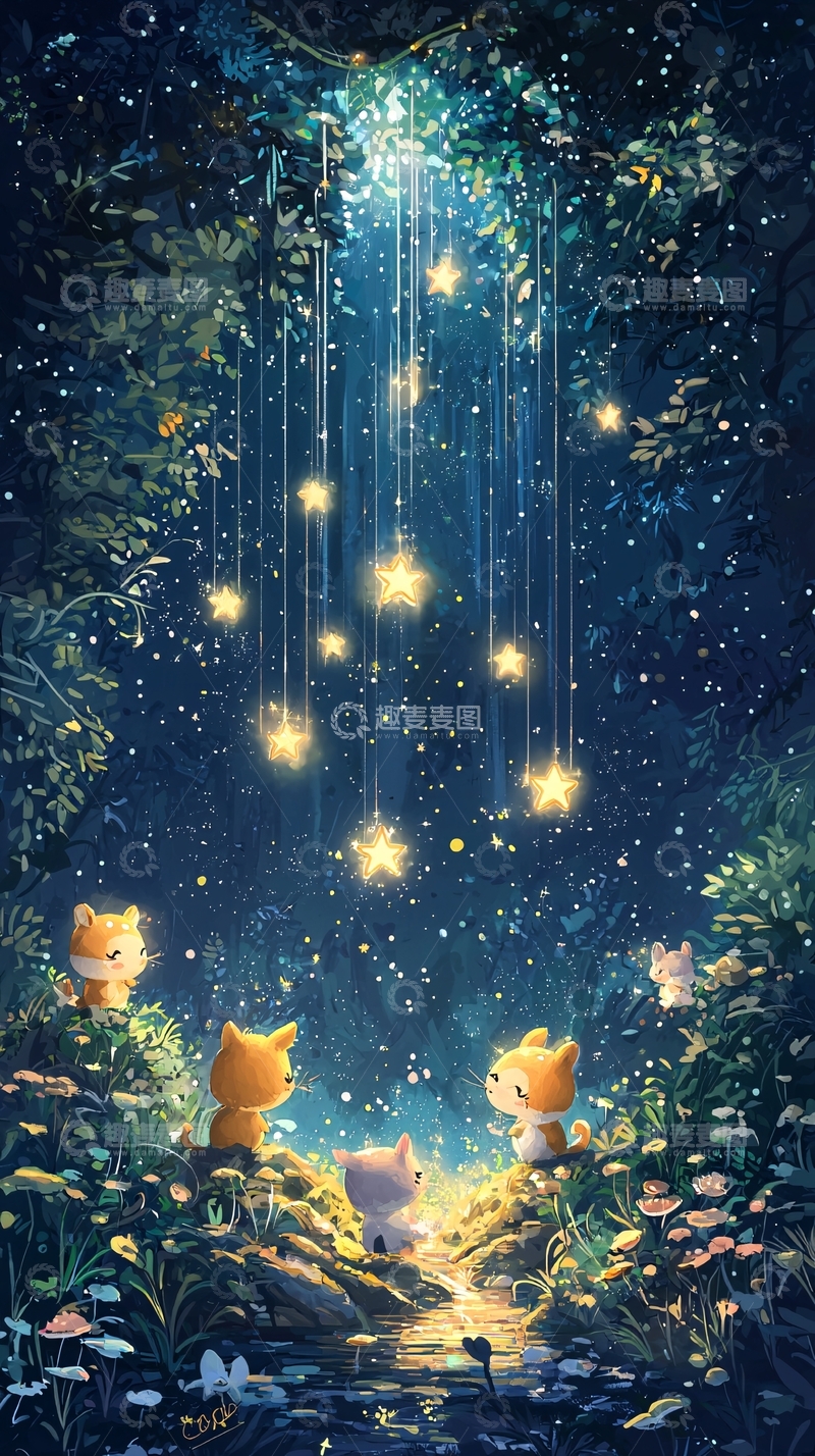 高清大图下载【趣麦麦图】森林星空猫咪