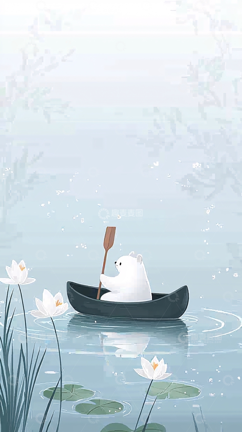 高清大图下载【趣麦麦图】极简风白熊划船静谧湖景