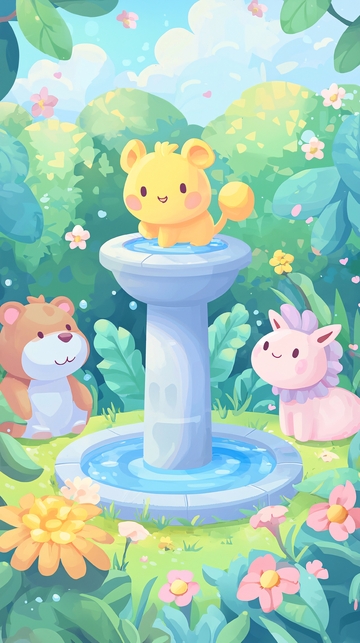 可爱卡通动物花园喷泉
